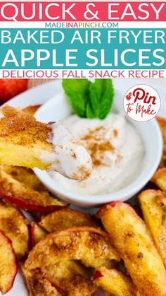 baked air fryer apple slices are served with sour cream