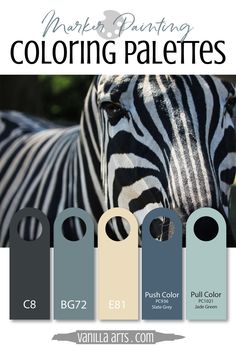 a zebra standing next to each other in front of a sign that says, coloring palettes