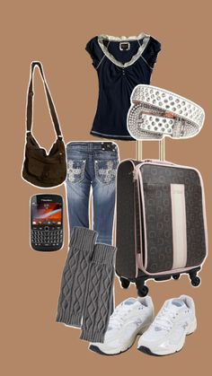 a woman's outfit and accessories are arranged in the shape of a suitcase, purse, cell phone, jeans, shoes, handbag