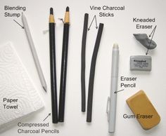 an assortment of different types of pens and pencils on a white surface with information about them