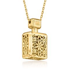 Ross-Simons - Italian 14kt Yellow Gold Perfume Bottle Necklace. 18". This Italian-made necklace features a graceful and feminine design. Luxuriously crafted in 14kt yellow gold, a perfume bottle flaunts floral filigree openwork with textured and polished finishes. Suspends from a cable chain with a 2" extender. Springring clasp, 14kt yellow gold perfume bottle necklace. Elegant Gold Keepsake Jewelry, Gold Rectangular Filigree Jewelry, Gold Rectangular Necklace For Keepsakes, Gold Rectangular Necklace For Evening, Elegant 14k Gold Necklace With Hallmark, Rectangular Gold Necklace For Evening, Gold Rectangular Keepsake Necklace, Elegant Rectangular Necklace For Memorial, Gold Engraved Necklaces For Evening