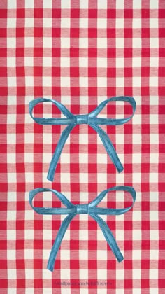 a red and white checkered table cloth with a blue ribbon tied to the top