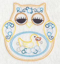 an owl with a rubber ducky on it's chest is shown in this embroidery design