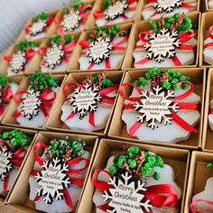 twelve christmas cookies in boxes with ribbons and snowflakes on them