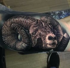 a man's arm with an animal tattoo on it, and the image of a ram