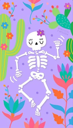 a skeleton with flowers and cacti on it's back in front of a purple