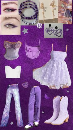 a collage of different types of clothing and accessories on purple background with text overlay