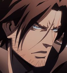 an anime character with long hair and blue eyes looks at the camera while staring straight ahead