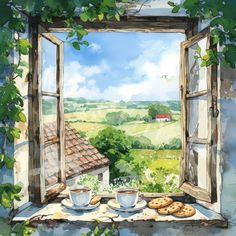 an open window with two cups of coffee and cookies on the windowsill overlooking a rural landscape