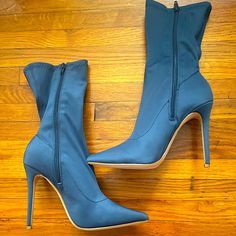 Blue Heeled Boots! Never Worn Before. Size 8. Blue High Ankle Heels For Party, Blue High Ankle Heels For Fall, Blue Ankle-high Boots For Fall, Fitted Blue Ankle Boots, Blue Pointed Toe Boots With Reinforced Heel, Blue Ankle-high Boots For Spring, Trendy Blue Ankle-high Boots, Chic Blue Pointed Toe Boots, Trendy Blue Ankle Boots