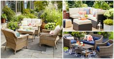 outdoor furniture is shown in various pictures and sizes, including couches, chairs, coffee table