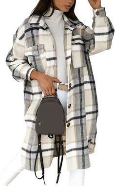 Plaid Print Shirt, Loose Clothing, Long Overcoat, Plaid Sleeve, Coat Women Fashion, Fits Inspo, Checked Jacket, Winter Chic, Women Overcoat