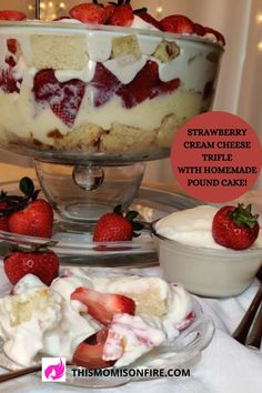 strawberry cream cheese trifle with homemade pound cake and strawberries on the plate next to it