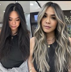 Dark Brown Hair To Blonde, Grey Coverage Highlights Brunette, Money Peace Hair, Ash Brown Hair With Money Piece, Halo Highlights Hair, Cool Tone Balayage, Brighter Blonde, Medium Brunette Hair