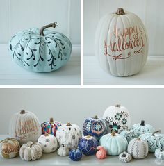 four different pumpkins with hand painted designs on them