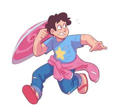 a cartoon character is running and holding a frisbee in one hand while wearing a blue shirt with a star on it