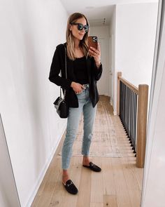 Fashion Jackson Wearing Black Blazer Denim Jeans Black Gucci Mules Womens Fall Shoe Trends, Black Pointed Mules Outfit, Black Blazer Casual Outfit, Black Mules Shoes Outfit, Mules With Jeans, Black Mules Outfit, How To Style Mules, Mules Shoes Outfit, Mule Shoes Outfit