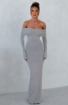 Beverley Knit Maxi Dress - Light Grey Marl Homecoming Dresses Corset, Midi Dress Wedding Guest, Ivy Rose, Long Sleeve Homecoming Dresses, Split Long Dress, Back Skirt, Homecoming Dresses Long, Knit Maxi Dress, Fitted Sleeves