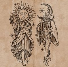 two sun and moon drawings on old paper