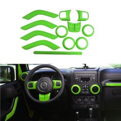 the interior of a car with green trims and steering wheel stickers on it