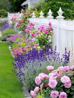 a garden filled with lots of flowers next to a white fence