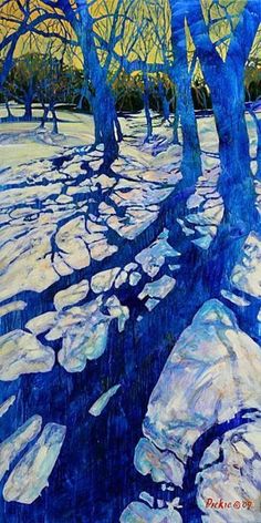 a painting of trees and rocks in the snow