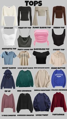 #tops #shirt #sweater #longsleeve #sweatshirt #tanktop Top Names Clothes, Fashion Aesthetics Types Names, Different Types Of Crop Tops, Types Of Clothes Styles, Different Types Of Tops With Names, Cool Tops Fashion, Types Of Crop Tops Names, Types Of Girls Aesthetic, Outfit Styles Types Of Aesthetic