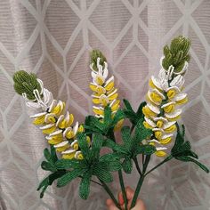 a hand is holding some yellow and white flowers