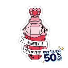 a sticker with an image of a pink perfume bottle and the words love you