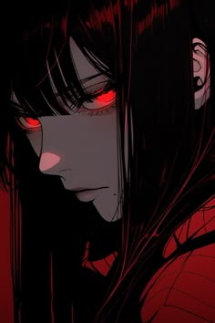 an anime character with red eyes and long hair, staring at something in the distance