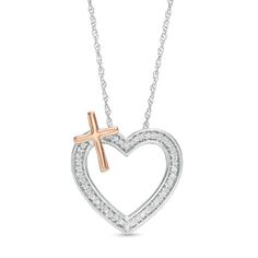 She'll appreciate the faith-inspired details of this thoughtful diamond heart pendant. Created in sterling silver, this blissful look showcases a diamond-adorned heart-shaped outline. Gleaming along the top, a sculpted cross shape in 10K rose gold completes the design. Radiant with 1/8 ct. t.w. of diamonds and a brilliant buffed luster, this pendant suspends along an 18.0-inch rope chain that secures with a spring-ring clasp. Heart Cross Necklace, Cross Shape, Sterling Silver Cross Necklace, Peoples Jewellers, Necklace Clasps, Rose Necklace, Heart Pendant Diamond, Diamond Heart, Rope Chain