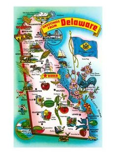 a map of the state of delaware with flags, flowers and other things on it