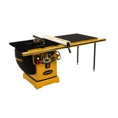 a table sawing machine sitting on top of a white surface with a yellow handle