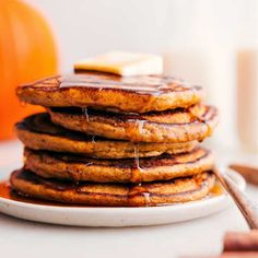 Pumpkin Pancakes - Chelsea's Messy Apron Buttermilk Syrup, Pancake Warmer, How To Cook Pancakes, Pumpkin Pancake Recipe, Chelsea's Messy Apron, Fluffy Waffles, Pancake Syrup, Vanilla Sauce, Pumpkin Waffles