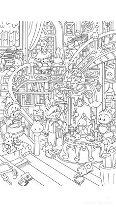 a coloring page with many different things in the room