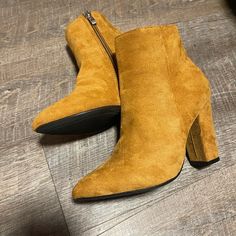 Never Worn Before Ankle Booties Size 5. Heel Size 3.5” Yellow Closed Toe Heels For Fall, Yellow Round Toe Heeled Boots For Fall, Casual Yellow Heels For Fall, Orange Closed Toe Heels For Fall, Orange Pointed Toe Boots For Fall, Fitted Brown Ankle-high Booties, Shoes Shein, Brown 4-inch Heel Ankle Boots, Brown Suede-lined Ankle-high Booties