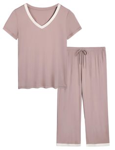 PRICES MAY VARY. 🌙[Moisture Wicking]: With 95% viscose made from bamboo material, this pajama set is perfect for women suffering from night sweats and sleeplessness. Breathable fabric allows moisture wicking, promoting heat dissipation and allows air circulation. 🌙[Ultra Soft]: Compared with cotton, viscose made from bamboo is more lightweight, much smoother and softer just like silk, feeling like a second skin and giving you a better sense of wearing comfort in bed. 🌙[High Quality]: This pai Casual Summer Viscose Sets, Comfortable Modal Sleepwear, Summer Viscose Sleepwear For Loungewear, Casual Viscose Sleepwear In Relaxed Fit, Summer Lounging Modal Sleepwear, Summer Modal Sleepwear For Lounging, Relaxed Fit Viscose Sleepwear For Loungewear, Relaxed Fit Modal Sleepwear For Relaxation, Relaxed Fit V-neck Loungewear Set