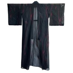 "This beautiful sheer summer kimono is made of a black and burgundy synthetic sha with a woven pattern of grasses and metallic sprays in silver. The open weave allows airflow for more comfortable summer wear. Measurements: Length (from bottom of collar to hem): 57.5\" Width (cuff to cuff): 49\" Sleeve length (top to bottom): 19\" Body width (shoulder seam to shoulder seam): 22.5\" Kimono type: summer (sheer) Heisei era (1989-Apr 2019) Excellent vintage condition" Summer Kimono, Woven Pattern, Meus Pins, Open Weave, Grasses, Metallic Accents, Summer Wear, Jackets & Coats, Jackets For Women