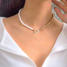 Elevate Your Jewelry Collection With This Chic Half Pearl Half Chocker Chain Necklace. Perfectly Blending Modern Style With Timeless Elegance, This Piece Features A Trendy Half Faux Pearl And Half Gold-Tone Alloy Beads Design. Lightweight And Versatile, It's Ideal For Any Occasion, Adding A Touch Of Sophistication To Both Casual And Formal Outfits. - Material: Alloy Beads & Faux Pearls - Design: Half Pearl, Half Chain - Style: Simple, Stylish, And Fashionable - Perfect For: Everyday Wear, Specia Pearl And Chain Necklace, Circle Charm Necklace, Statement Jewelry Necklace, Blue Jewelry Set, Perfume Locket, Boho Chic Necklace, Beads Design, Trendy Fashion Accessories, Chocker Necklace