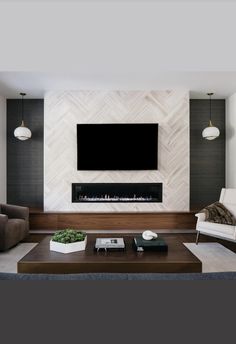 modern living room with fireplace and tv mounted on the wall