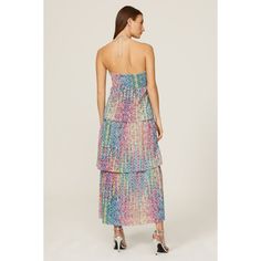 Rainbow sequins (60% Polyester, 40% Metallic). Lining (100% Polyester). A-line. Side zipper closure. 44" from shoulder to hemline. Imported. Glamorous Sequined Maxi Dress For Spring, Glamorous Embellished Spring Maxi Dress, Spring Glamorous Embellished Maxi Dress, Glamorous Spring Sequin Maxi Dress, Embellished Sequin Midi Dress For Spring, Glamorous Spring Maxi Sequin Dress, Chic Embellished Sequin Dress For Spring, Spring Midi-length Sequin Dress, Spring Prom Sequin Maxi Dress