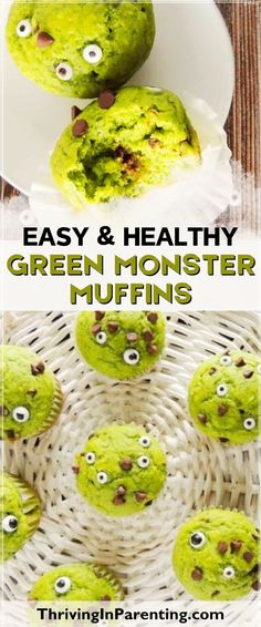 green monster muffins with googly eyes and chocolate chips in the middle on a white plate