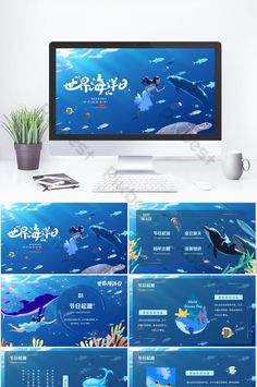 a computer screen with an image of dolphins and fish in the ocean on it's display