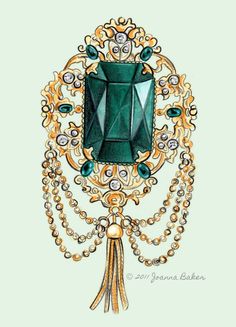 a drawing of a green brooch with pearls