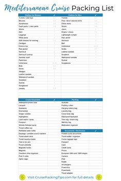 the mediterranean cruise packing list is shown