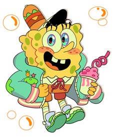 an image of a cartoon character holding a drink and ice cream cone with bubbles around it