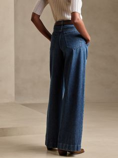 Denim with a twist, this exaggerated wide-leg style is inspired by classic tailored trousers with a high waist and deep pleats, made from sumptuously soft denim woven from organic cotton.  ULTRA WIDE-LEG FIT: High-waisted.  Tailored for the at-ease f Ultra Wide, How To Hem Pants, Tailored Trousers, Leg Jeans, Banana Republic, Levi Jeans, Mom Jeans, Full Length, High Waist