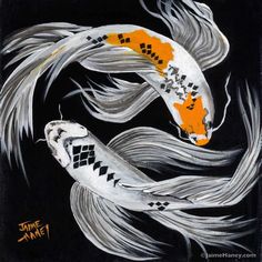 Two vibrant koi fish swimming together yin yang style painting. They both have harlequin markings in place of scales. Art print by artist Jaime Haney. Buy print on my website. Abstract Fish Painting, Two Koi Fish, Dengeki Daisy Manga, Koi Fish Art, Koi Fish Swimming, Koi Fish Painting, Butterfly Koi, Art Vampire, Pisces Astrology