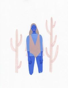 a drawing of a woman standing in front of cacti on a white background