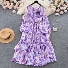 Item Code : YM611 Color : As Photo Size(cm): Free Size Skirt length 120, sleeve length 62, bust 116, waist 140 The size is measured by hand, and the error of 1-3 cm is within the normal range! Purple Chiffon Beach Dress, Purple Chiffon Maxi Dress For Summer, Purple Maxi Chiffon Dress For Summer, Purple Chiffon Maxi Dress For Beach, Long Sleeve Floral Chiffon Dress For Beach, Long Sleeve Floral Print Chiffon Dress For Beach, Floral Print Chiffon Dress For Vacation, Vacation Chiffon Floral Midi Dress, Multicolor Long Sleeve Chiffon Beach Dress